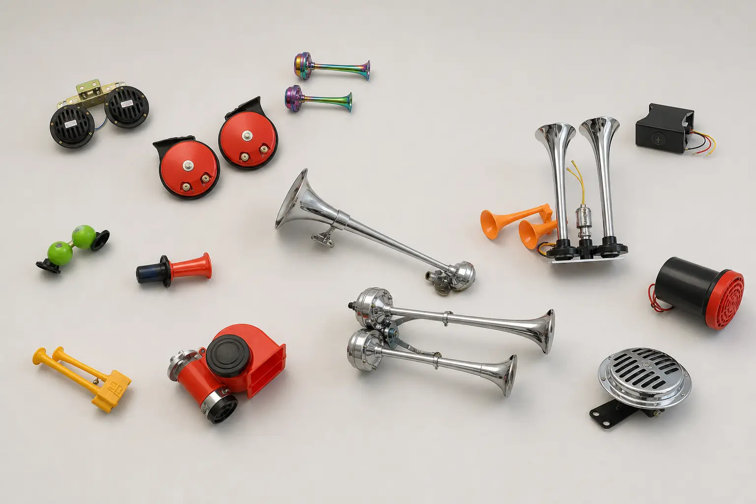 Disc, snail, and trumpet-style automotive horns arranged for a factory-direct RFQ