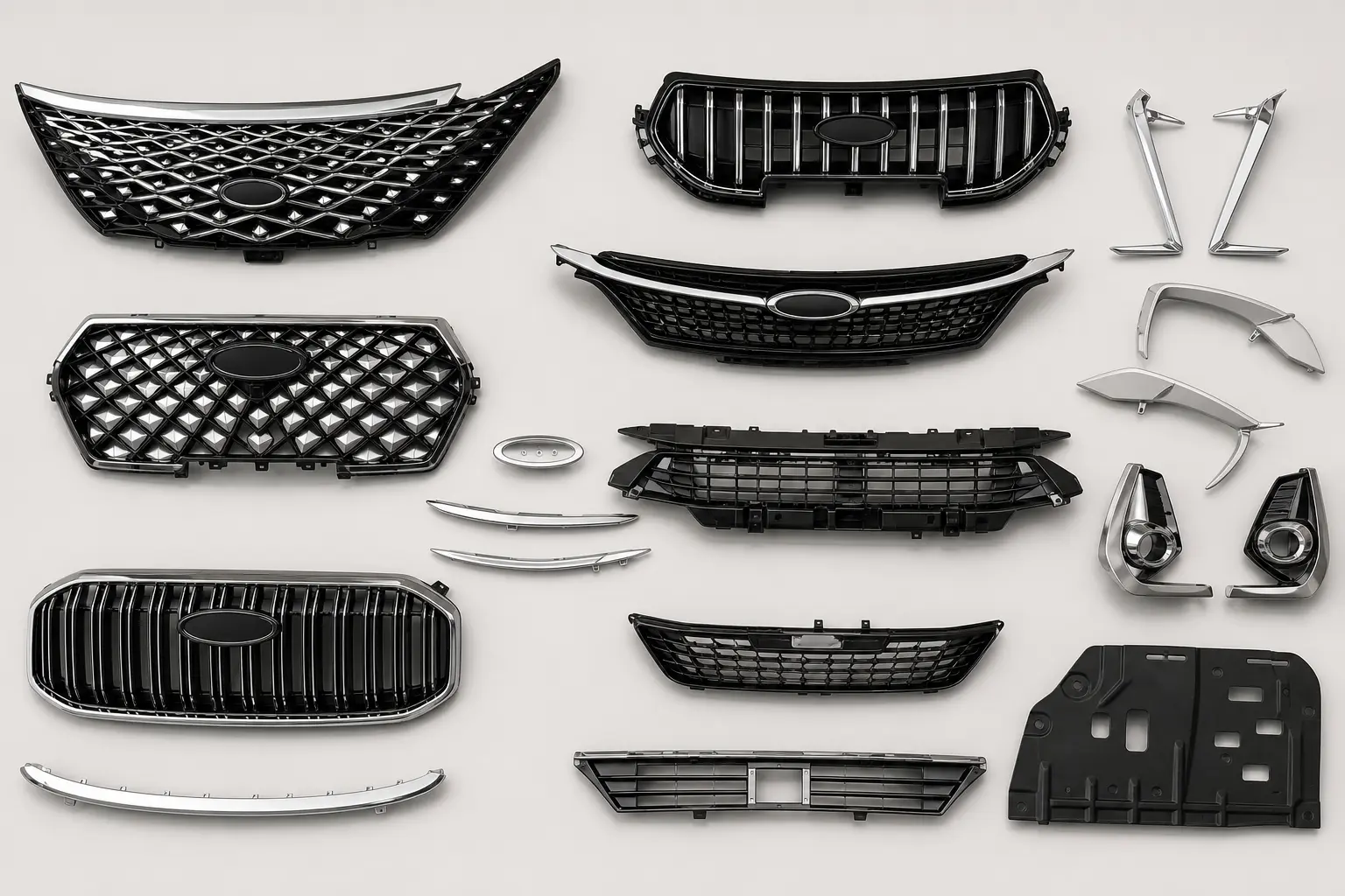 Assorted automotive grilles and exterior trim used as a visual reference for Chery-compatible parts inquiries