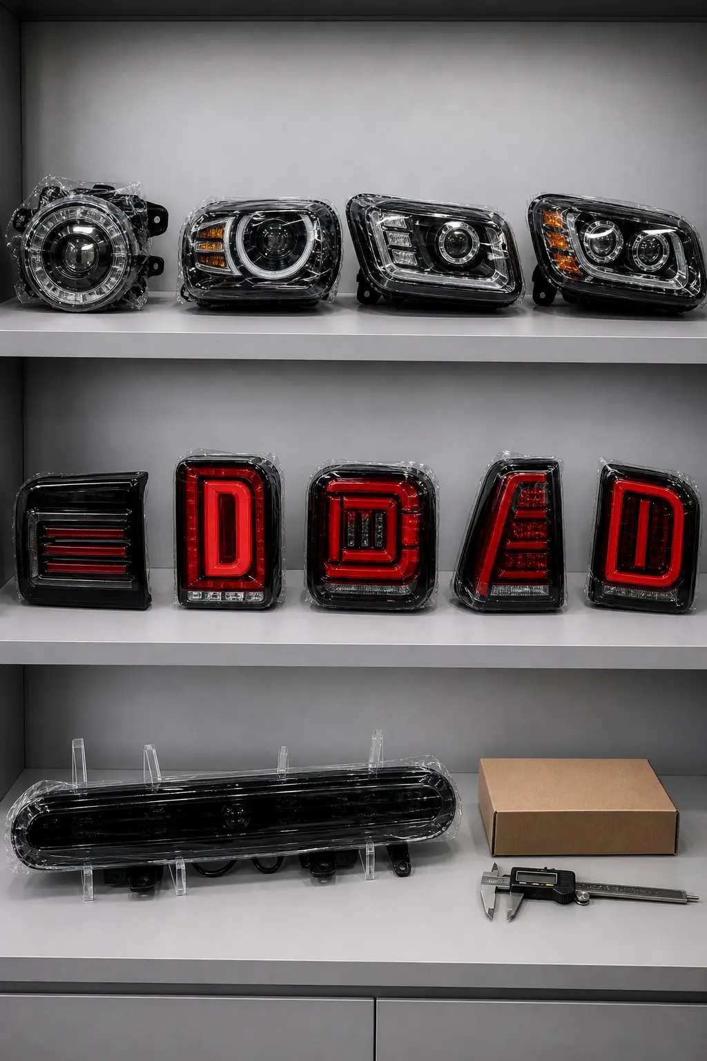 Automotive headlights and tail lamps arranged on shelves for supplier comparison
