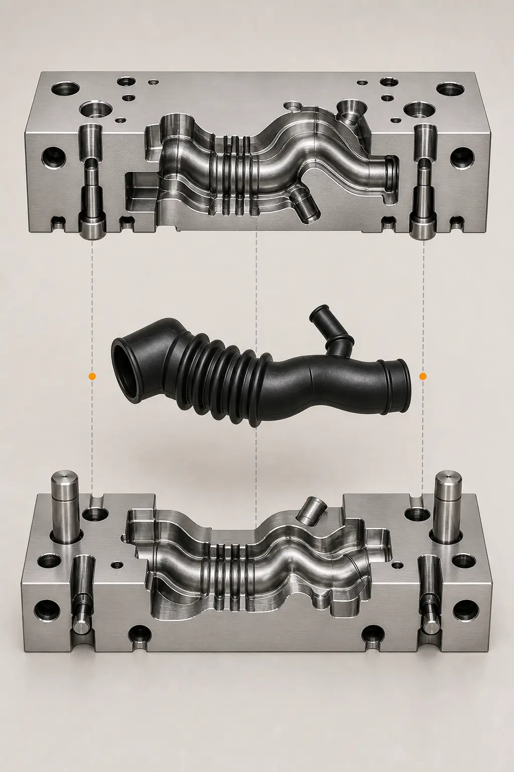 Cooperating-plant mould halves with a formed rubber intake hose